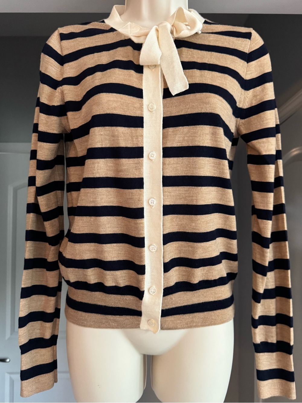 J.Crew Merino Wool Striped Tie Neck Bow Cardigan Sweater Medium Preppy Classic